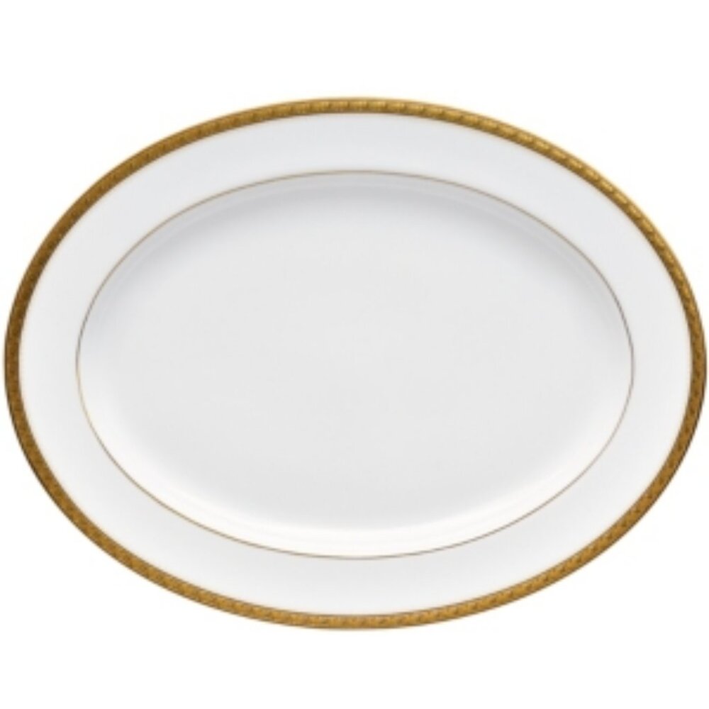 Noritake Charlotta Gold/White Porcelain Oval Platter 14 in.